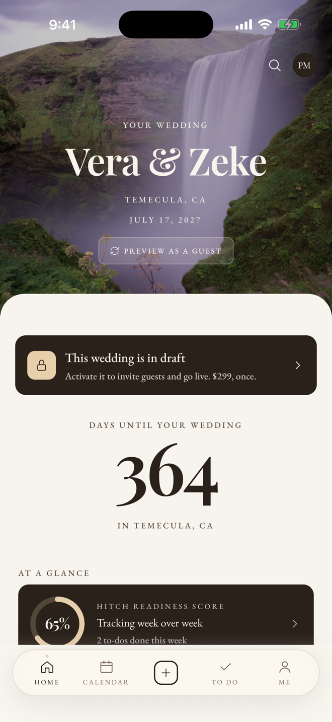 The Hitch home screen for a couple: their names over a waterfall photo, a countdown of 364 days, and a readiness score