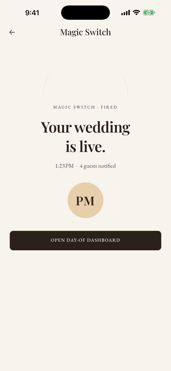 The Magic Switch screen in Hitch: your wedding is live, 4 guests notified