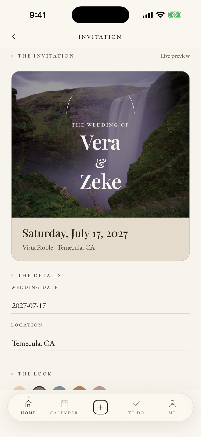 A Hitch invitation: the wedding of Vera and Zeke over a waterfall photo, with the date and venue beneath